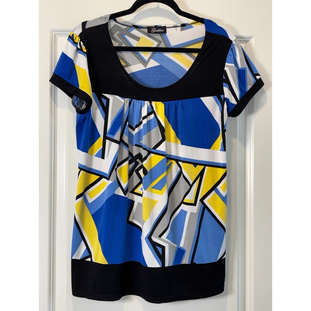 Goddess Tunic Top Womens‎ Multicolor Knit Abstract Print Pleated Scoop Neck